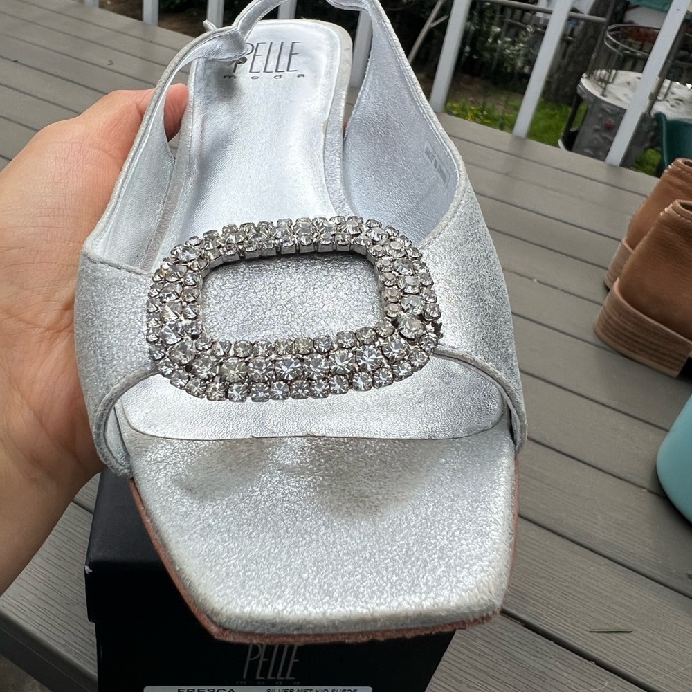 Pelle Moda Silver Rhinestone Buckle Slingback Mules - Picture 2 of 6